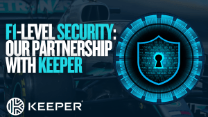 Illustration of a Williams Racing Formula 1 car overlaid with Keeper Security's logo, symbolising enterprise cybersecurity in high-speed environments