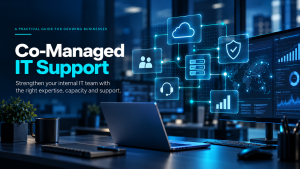 Co-managed IT support showing an internal IT team working alongside external IT specialists to improve business technology and support.