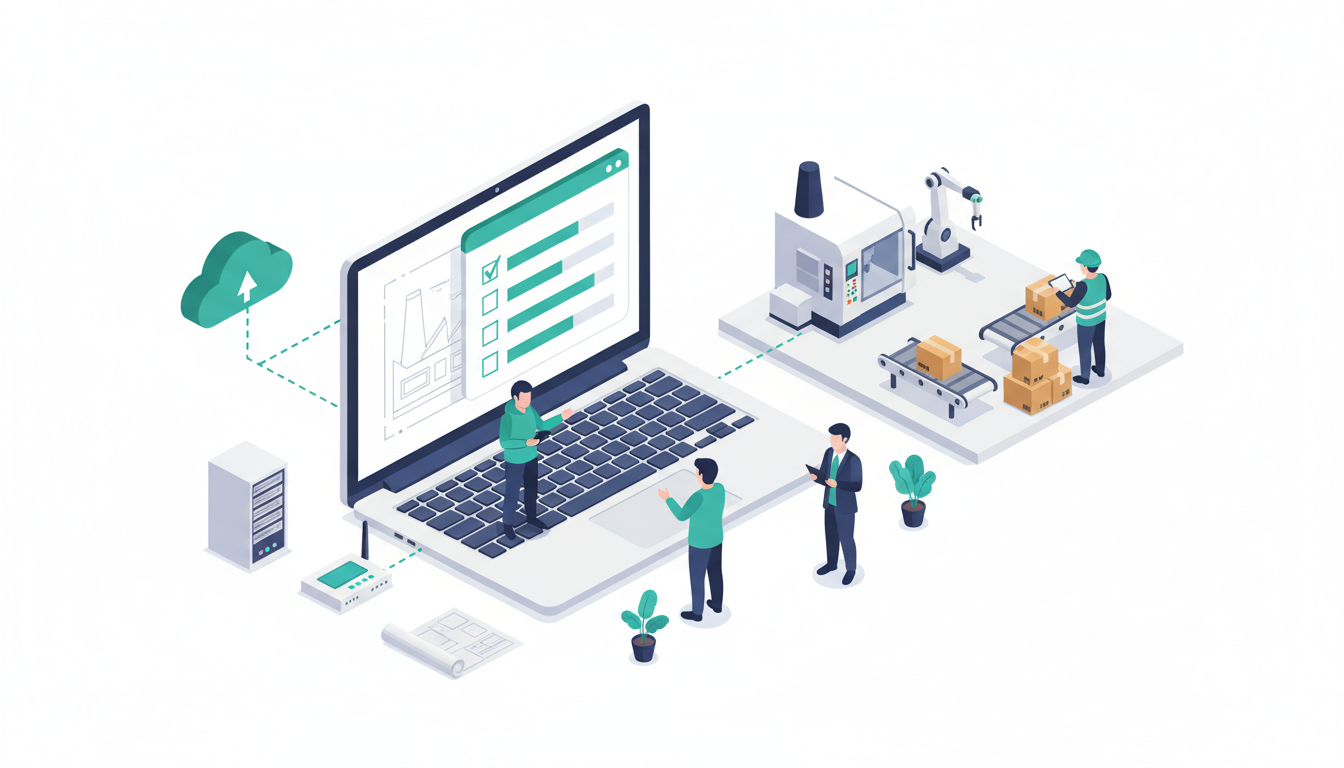 Isometric illustration of IT support for manufacturing: an oversized laptop with a factory dashboard, connected to a server, cloud and shop floor machinery
