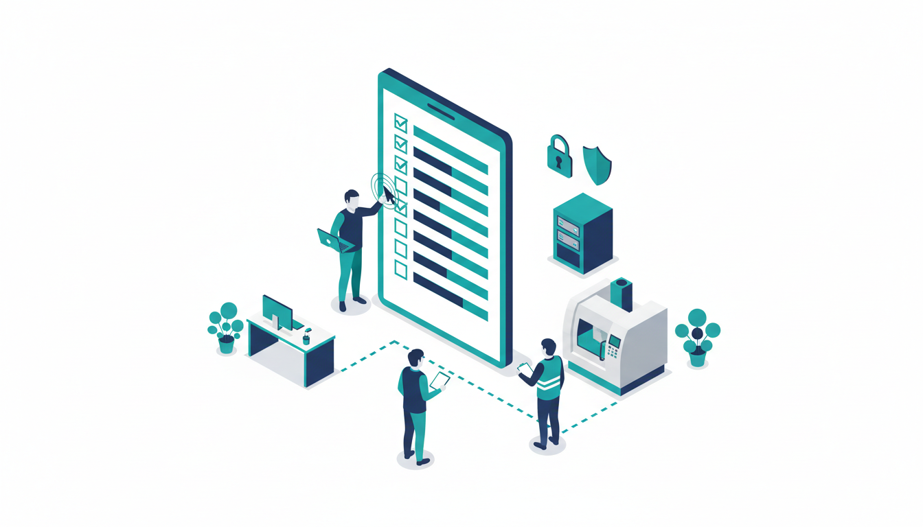 Isometric illustration of manufacturing IT support: an IT engineer and factory manager reviewing a checklist on a large tablet